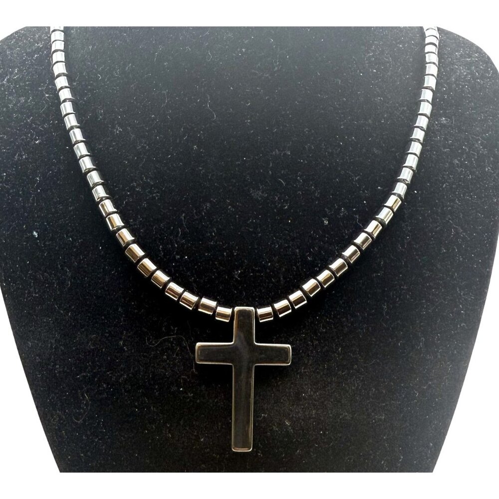 Black Cross Necklace | Hematite Beads | Unisex Christian Jewelry | 16 Inch Faith
